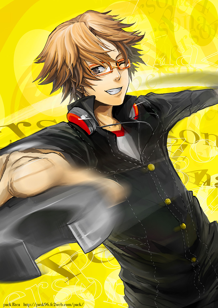 brown_hair, glasses, hanamura_yousuke, headphones, headphones_around_neck, maguchimo, male, male_only