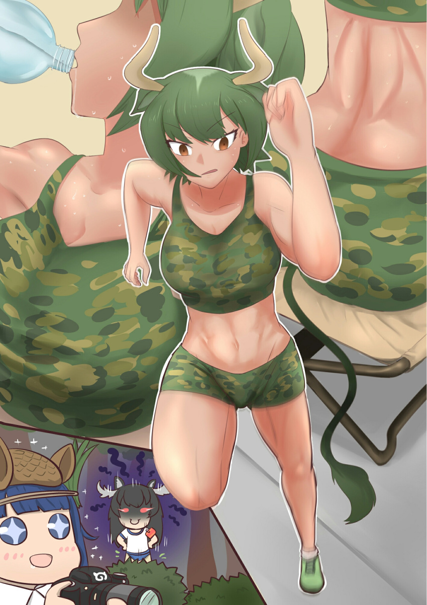 +_+, 3girls, :d, alternate_costume, angry, animal_ears, antlers, armadillo_ears, armadillo_girl, armband, aura, aurochs_(kemono_friends), back, bangs, bare_arms, bare_legs, bare_shoulders, black_hair, blue_eyes, blue_hair, blunt_bangs, bottle, breasts, brown_eyes, buruma, c:, camera, camouflage, closed_mouth, collarbone, comic, cow_ears, cow_tail, day, drinking, drooling, empty_eyes, exercise, extra_ears, eyebrows_visible_through_hair, giant_armadillo_(kemono_friends), glowing, glowing_eyes, green_hair, hands_on_hips, hat, highres, holding, holding_camera, horns, japari_symbol, john_(a2556349), kemono_friends, long_hair, looking_at_another, moose_(kemono_friends), moose_ears, motion_blur, motion_lines, multiple_girls, navel, open_mouth, outdoors, parted_lips, red_eyes, running, shirt, shoes, short_hair, short_sleeves, shorts, silent_comic, sitting, smile, solo_focus, sparkle, sports_bra, stomach, sweat, tail, toned, water