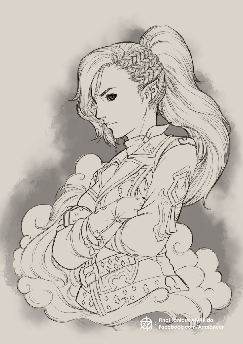 1girl, absurdres, belt, bonar_tirtananda, crossed_arms, earrings, elezen, elf