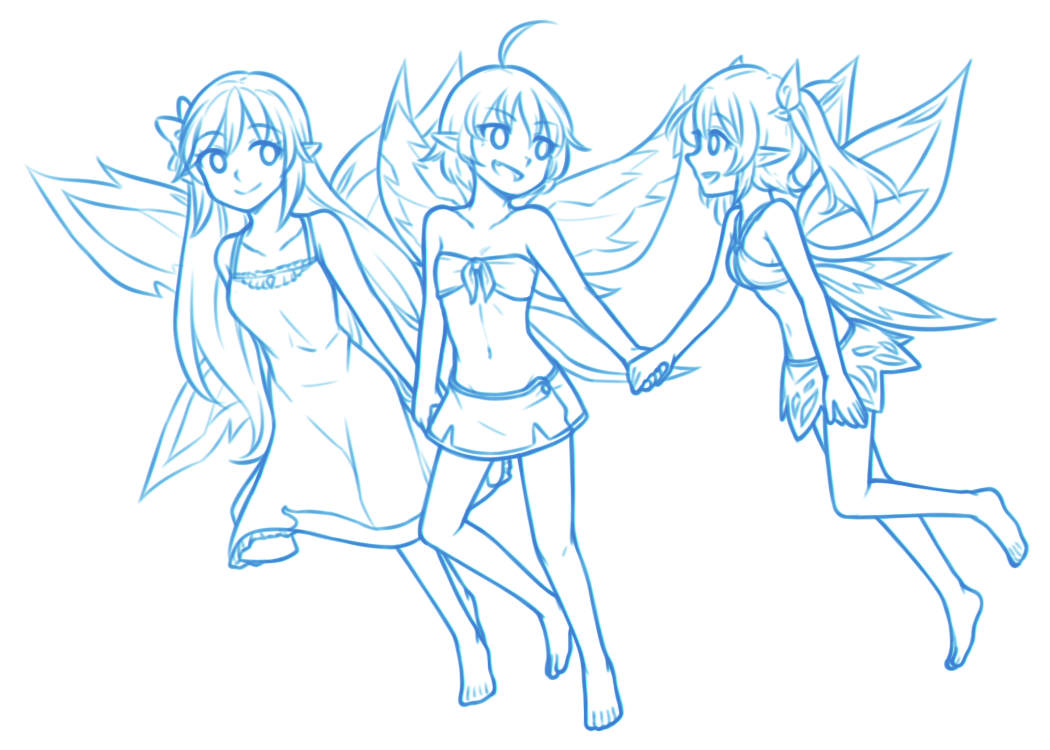 3girls, :d, ahoge, bandeau, bare_arms, bare_legs, bare_shoulders, barefoot, blue_theme, collarbone, dress, eyebrows_visible_through_hair, eyes_visible_through_hair, fairy, fairy_wings, flat_chest, hair_ribbon, hand_holding, lilli_(rabi-ribi), lineart, long_hair, looking_at_another, monochrome, multiple_girls, navel, open_mouth, pixie_(rabi-ribi), pointy_ears, rabi-ribi, ribbon, ribbon_(rabi-ribi), short_hair, simple_background, skirt, sleeveless, sleeveless_dress, smile, speckticuls, stomach, strapless, twintails, very_long_hair, white_background, wings
