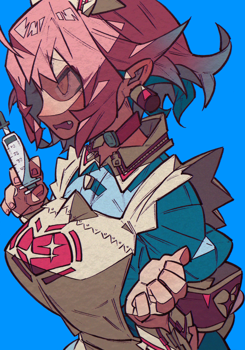 1girl, absurdres, ahoge, apron, armband, blue_background, blue_hair, breasts