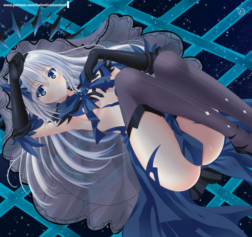 1girl, armpits, ass, black_gloves, blue_bow, blue_eyes, blue_feathers, blue_skirt