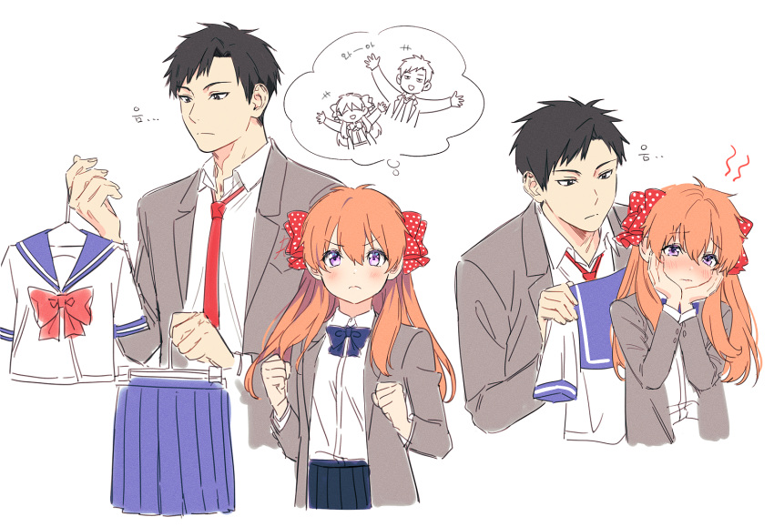 1boy, 1girl, black_hair, blazer, blush, bow, brown_eyes, clenched_hands