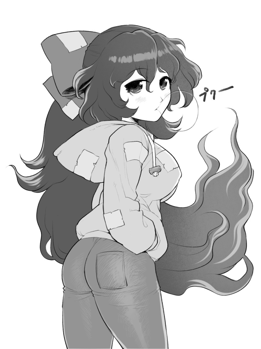 1girl, ass, bangs, blush, bubble_blowing, chewing_gum, cowboy_shot, debt