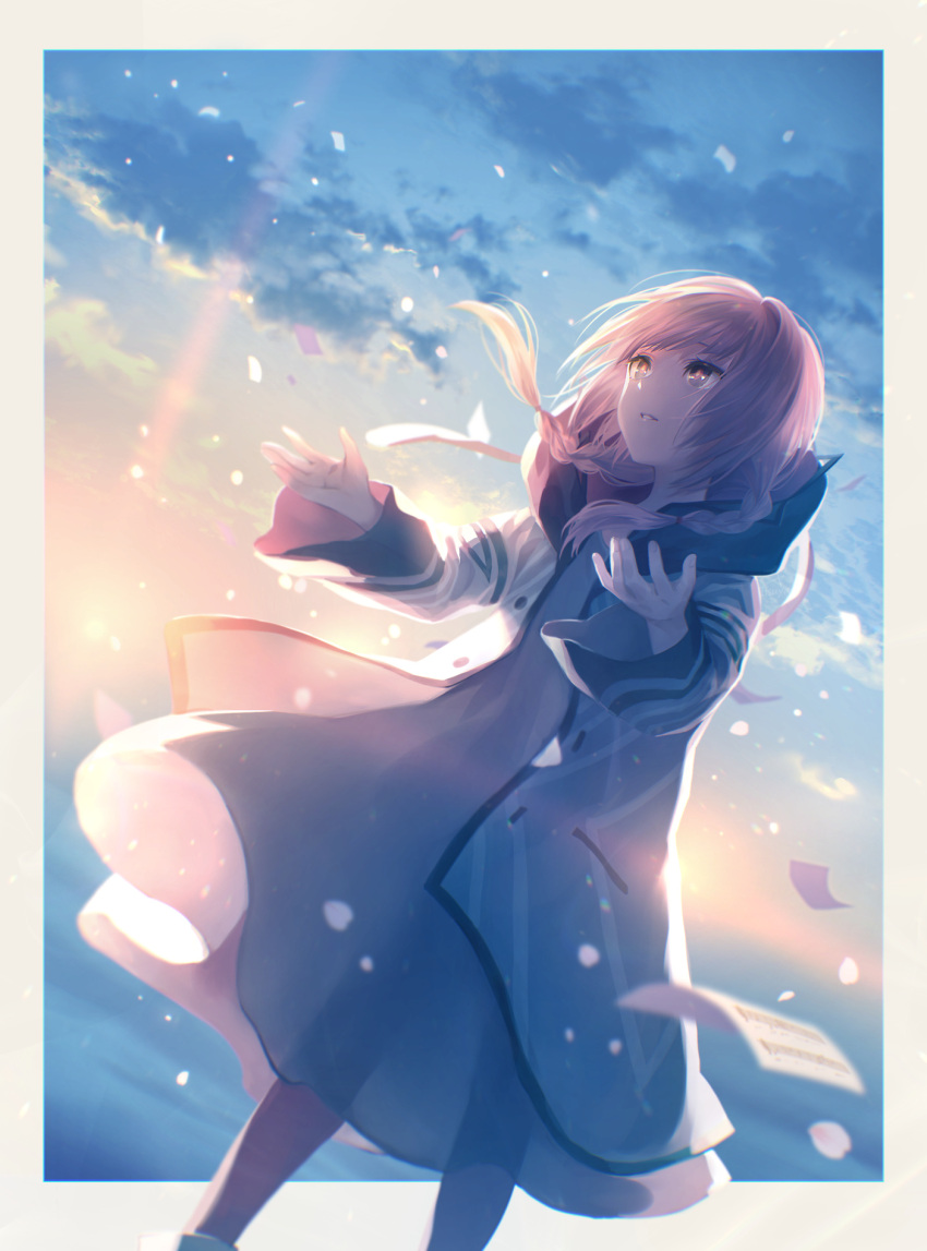 1girl, blue_eyes, braid, clouds, highres, hood, hood_down, hooded_jacket