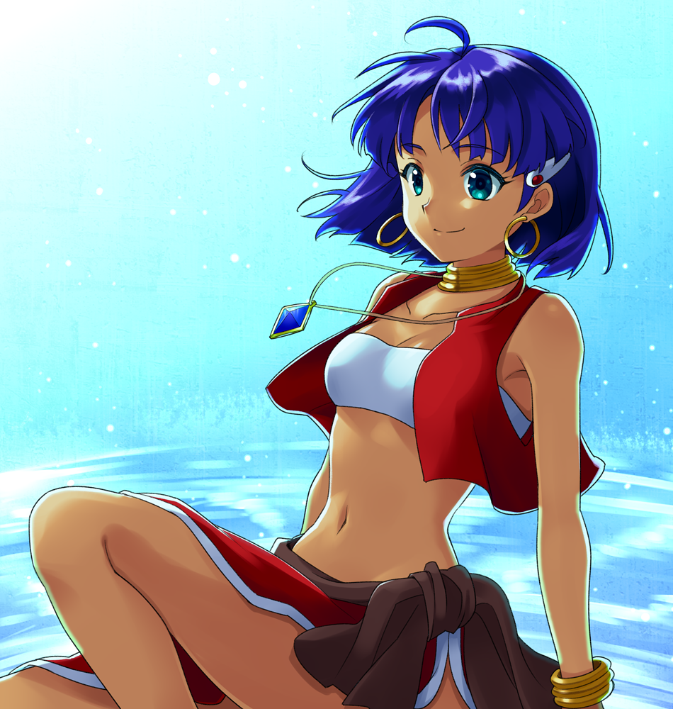 1girl, ahoge, aqua_eyes, bangs, bare_shoulders, blue_hair, bracelet, breasts