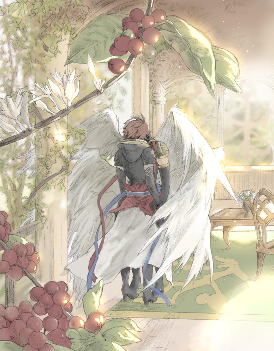 2boys, angel_wings, armor, brown_hair, chair, coffee_tree, feathered_wings, fingerless_gloves, gloves, granblue_fantasy, highres, hood, hood_down, indoors, kiss, lucifer_(shingeki_no_bahamut), male_focus, multiple_boys, multiple_wings, sandalphon_(granblue_fantasy), seraph, short_hair, table, white_hair, white_wings, wings, yaoi, yato_1998