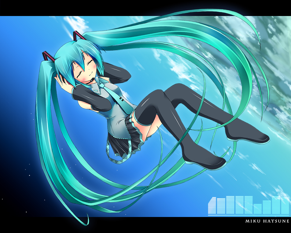 closed_eyes, earth, hands_on_headphones, hatsune_miku, headphones, long_hair, orbit, ribbon