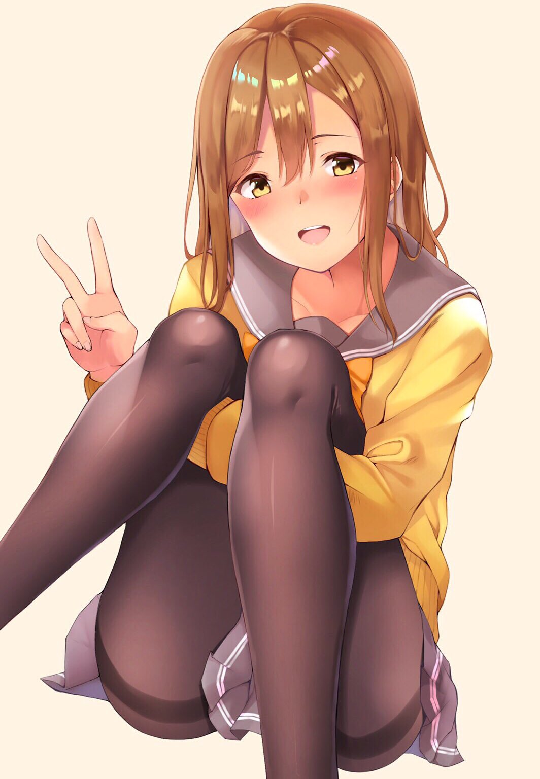 1girl, bangs, beige_background, blush, breasts, brown_eyes, brown_hair, brown_legwear