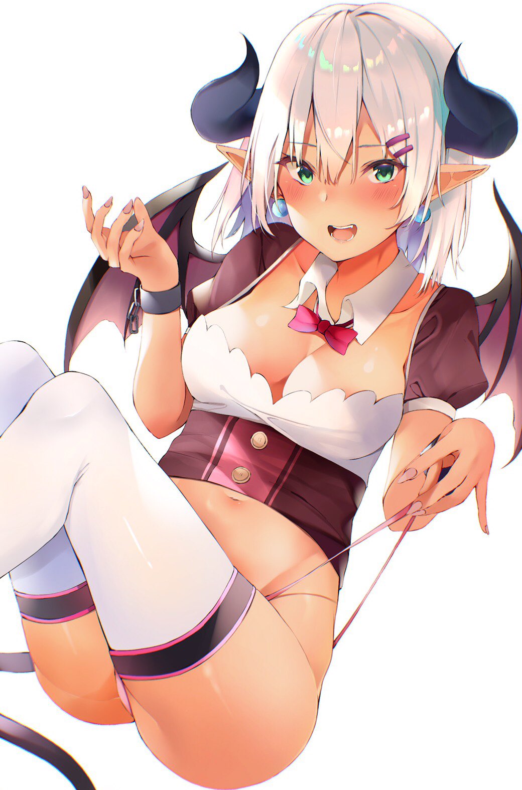1girl, :d, bangs, blush, breasts, chains, commentary, cuffs