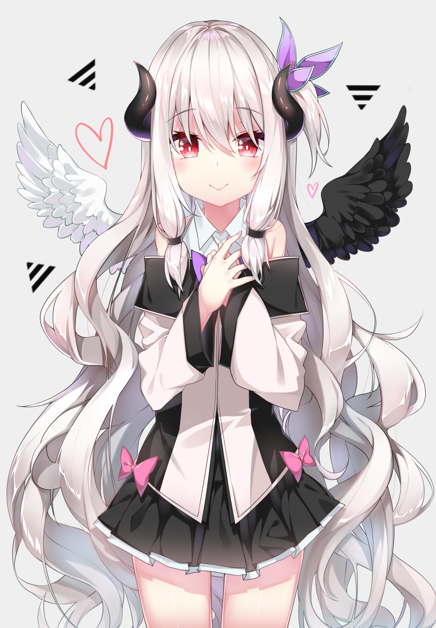 1girl, :>, absurdres, black_skirt, black_wings, blush, bow, commentary