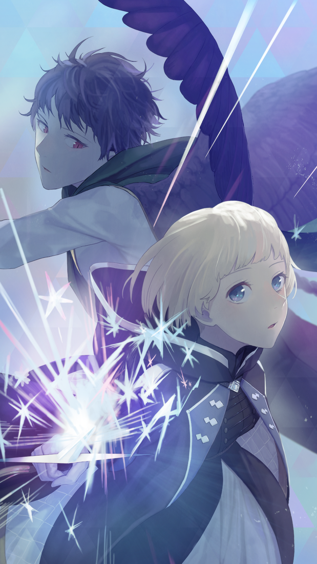 1boy, 1girl, black_hair, black_wings, blonde_hair, blue_eyes, giselle_(pixiv_fantasia_last_saga), green_capelet