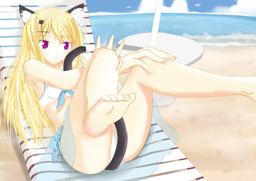 :<, beach, bikini, blonde_hair, cat_ears, cat_tail, feet, kotora