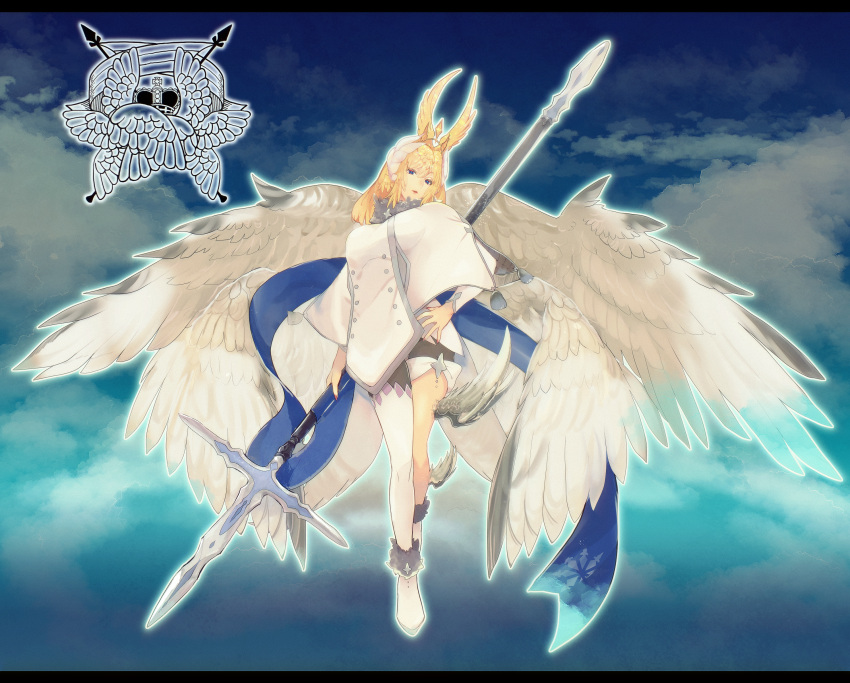 absurdres, asymmetrical_legwear, blonde_hair, blue_eyes, blue_sky, clouds, crown, feathered_wings
