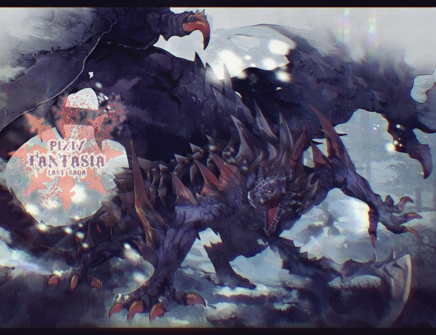 blurry, blurry_background, copyright_name, dragon, logo, murok, no_humans, open_mouth