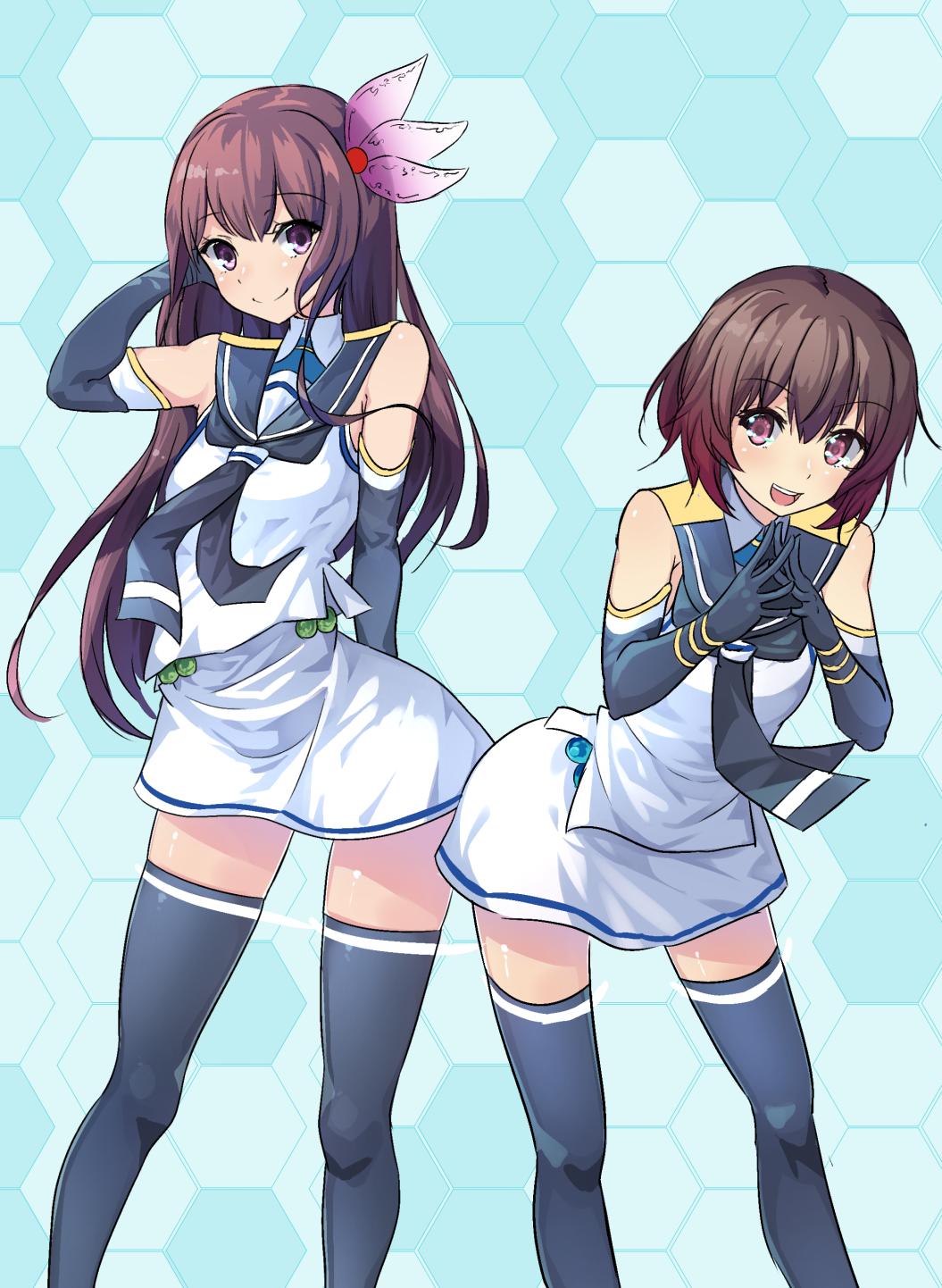 2girls, black_gloves, black_legwear, black_neckwear, black_sailor_collar, blue_background, brown_eyes, brown_hair
