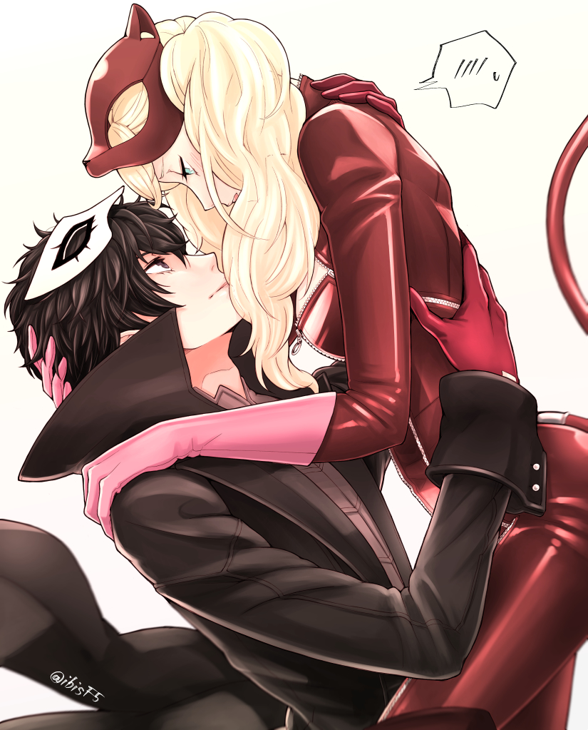 1boy, 1girl, amamiya_ren, black_coat, black_eyes, black_hair, blonde_hair, blue_eyes