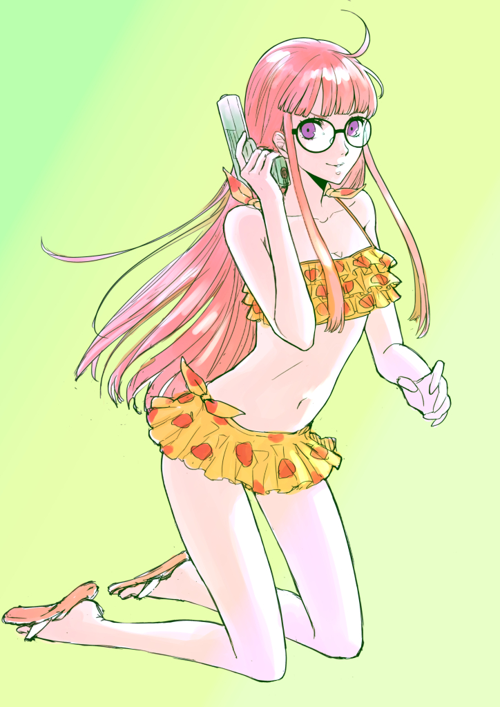 1girl, ahoge, atlus, bikini, bikini_skirt, black-framed_eyewear, cinderella_bust, collarbone, cute, floating_hair, fruit_print, full_body, glass, green_background, gun, hitoki_(kokusei1977), holding, holding_gun, holding_weapon, kneeling, long_hair, looking_at_viewer, megami_tensei, navel, parted_lips, persona, persona_5, pink_hair, print_bikini, round_eyewear, sakura_futaba, simple_background, sketch, skirt, smile, solo, strawberry_print, swimsuit, very_long_hair, violet_eyes, water_gun, weapon, yellow_bikini, yellow_skirt