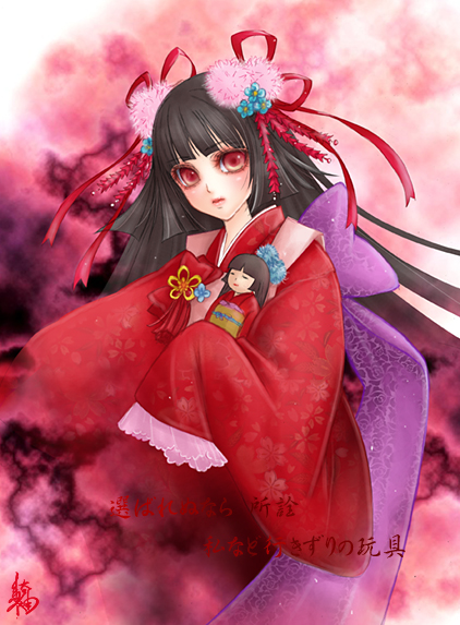brown_hair, doll, japanese_clothes, kimono, kunogotoshi, long_hair, ojou_(mei_guanxi), original, red_eyes, ribbon, ribbons