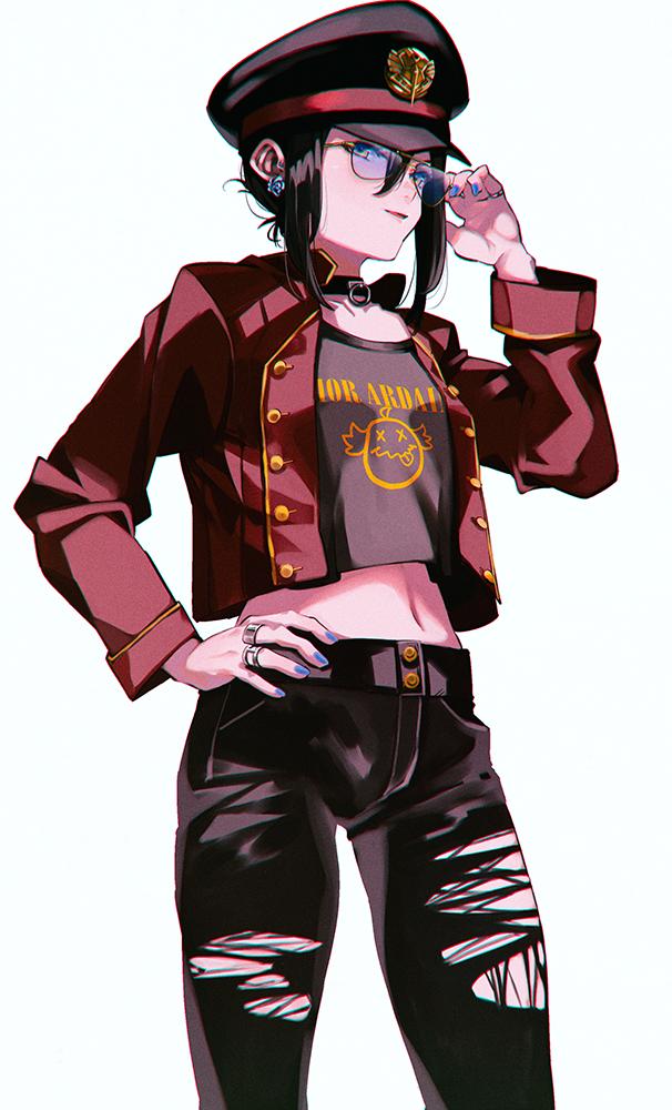 1girl, collarbone, contemporary, glasses, gloves, hat, jacket, long_hair