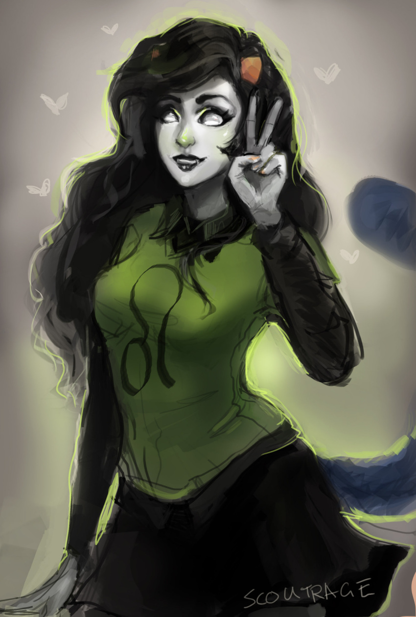 black_hair, homestuck, long_hair, looking_at_viewer, meulin_leijon, peace_sign, scoutrage, simple_background, smile