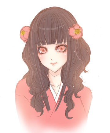 brown_hair, camellia_(flower), flower, japanese_clothes, kunogotoshi, long_hair, lowres, ojou_(mei_guanxi)