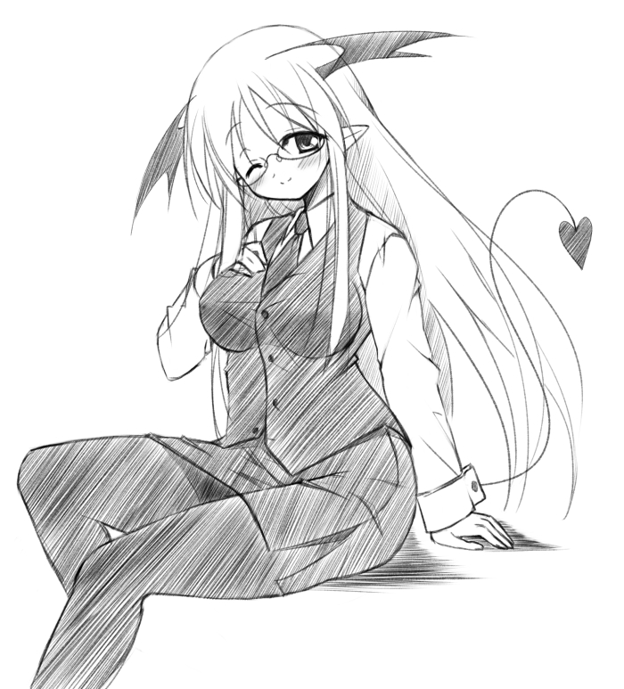 1girl, ;), bat_wings, bespectacled, blush, breasts, buttons, demon_tail