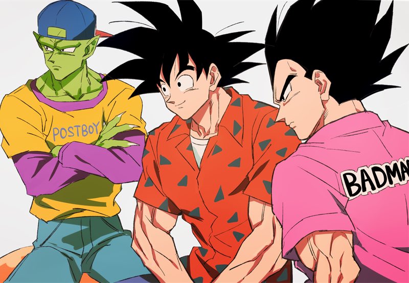 3boys, alternate_costume, arm_at_side, arms_at_sides, backwards_hat, baseball_cap, black_eyes, black_hair, clothes_writing, commentary, crossed_arms, denim, domo_mk02, dragon_ball, dragonball_z, english_text, expressionless, facing_away, fingernails, frown, green_skin, grey_background, hat, jeans, long_hair, long_sleeves, looking_away, male_focus, multiple_boys, orange_shirt, pants, piccolo, pink_shirt, pointy_ears, profile, serious, sharp_fingernails, shirt, short_over_long_sleeves, short_sleeves, simple_background, sitting, smile, son_gokuu, spiky_hair, symbol_commentary, triangle, triangle_print, undershirt, upper_body, vegeta, yellow_shirt
