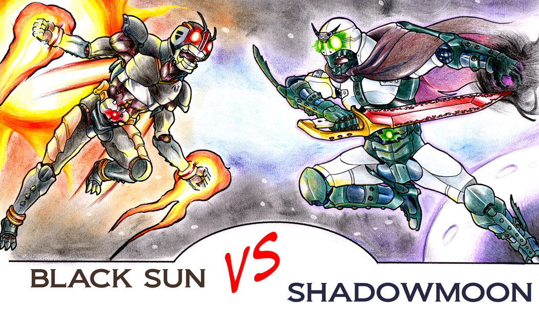 2boys, antennae, armor, battle, belt, cape, claws, comic