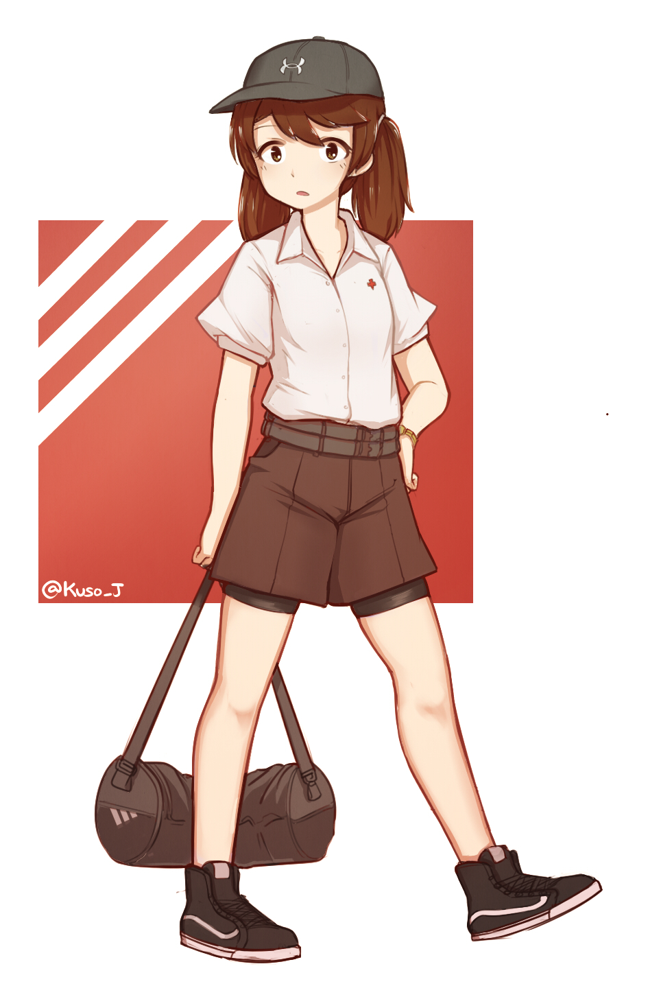 1girl, bag, brown_eyes, brown_hair, collarbone, duffel_bag, full_body, hat, highres, jacy, kantai_collection, looking_at_viewer, parted_lips, ryuujou_(kantai_collection), shoes, short_hair, short_sleeves, short_twintails, shorts, sneakers, solo, twintails, twitter_username, under_armour