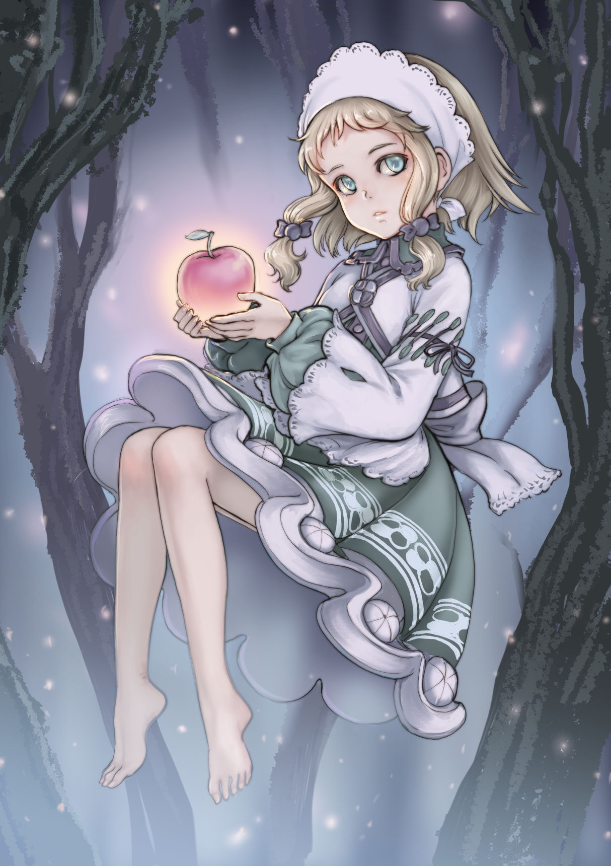 1girl, apple, bangs, barefoot, blonde_hair, blush, dress, floating