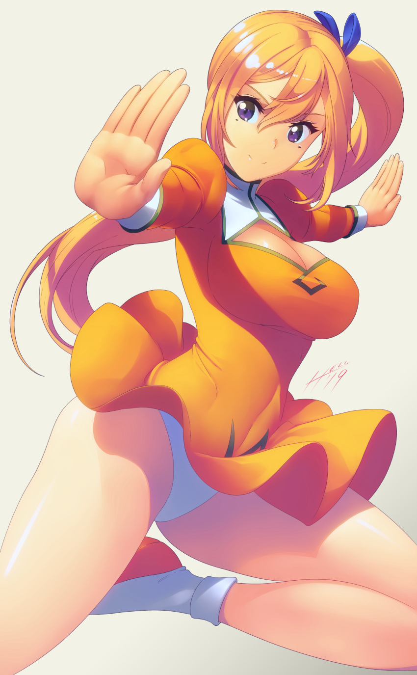1girl, agent_aika, aika_(series), bangs, blonde_hair, blue_ribbon, bobby_socks, breasts