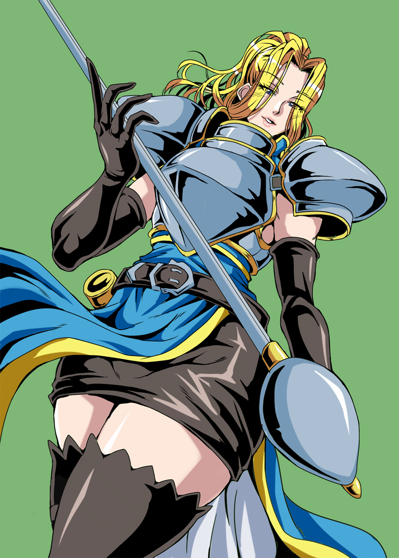 1girl, armor, bangs, belt, black_footwear, black_gloves, black_skirt, blonde_hair, blue_eyes, boots, breastplate, charlotte_christine_de_colde, commentary_request, elbow_gloves, forehead, gloves, green_background, hair_over_eyes, holding, holding_sword, holding_weapon, lips, long_hair, mifune_seijirou, parted_bangs, pauldrons, pelvic_curtain, rapier, samurai_spirits, scabbard, sheath, skirt, solo, sword, thigh-highs, thigh_boots, unsheathed, weapon, zettai_ryouiki
