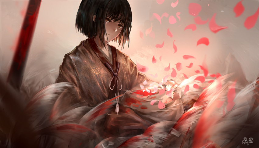 1boy, bangs, black_hair, brown_eyes, cherry_blossoms, expressionless, hei_xue, highres