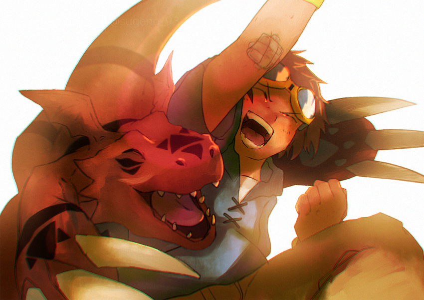 1boy, anniversary, bandaid, bandaid_on_arm, blue_hoodie, brown_hair, claws, clenched_hand, closed_eyes, creature, digimon, digimon_tamers, dinosaur, fist_pump, goggles, goggles_on_head, green_pants, guilmon, happy, matsuda_takato, open_mouth, pants, paws, reptile, sharp_teeth, shirt, short_hair, smile, sugeno93, tail, teeth, tongue, twitter_username, watermark, white_shirt