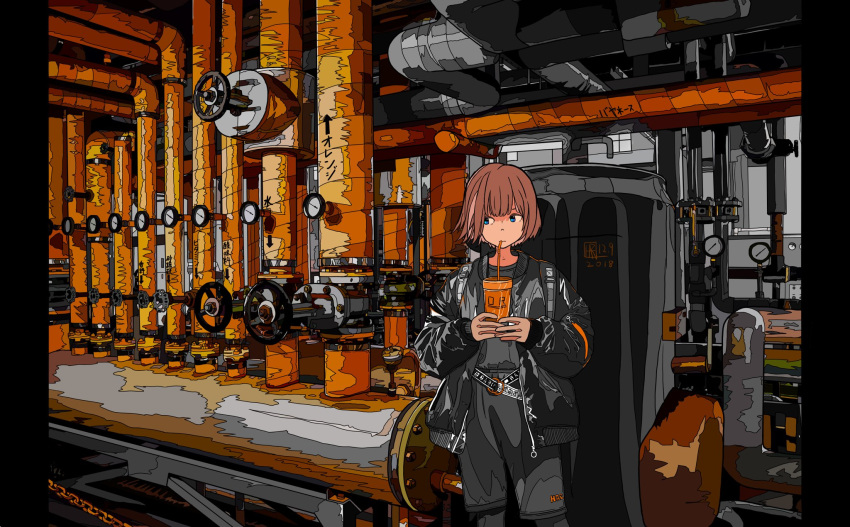 1girl, bangs, belt, black_jacket, blue_eyes, brown_hair, chains, cup