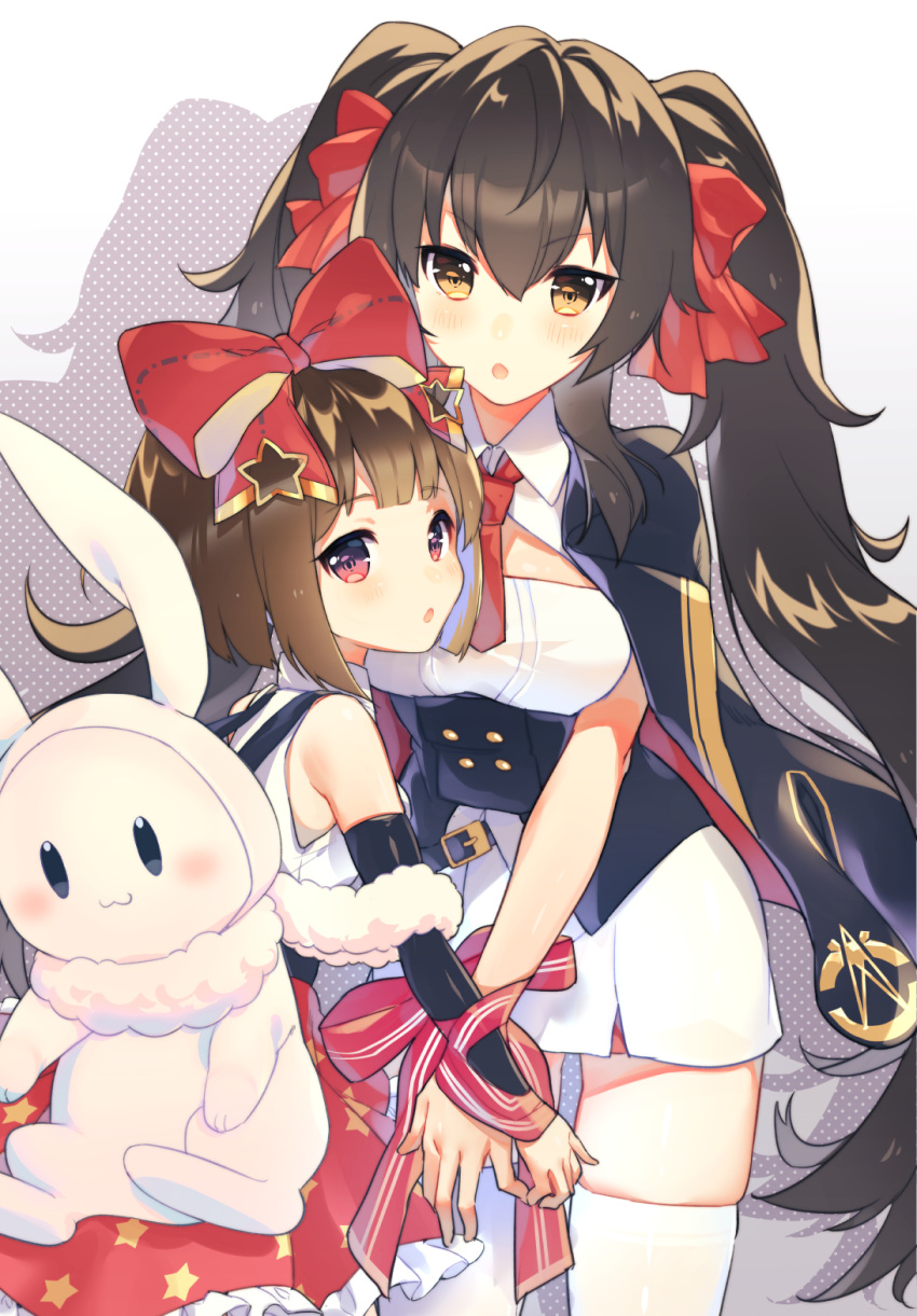 2girls, :o, animal_backpack, bangs, bare_shoulders, black_cape, black_sleeves, blush