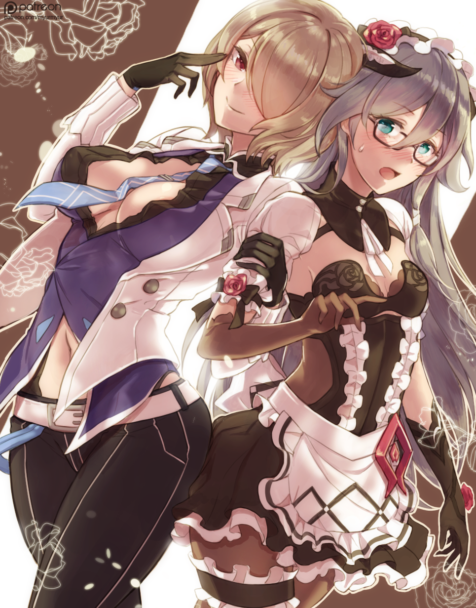 2girls, bangs, belt, black_gloves, blue_eyes, blue_neckwear, blush, breasts, cleavage, collared_shirt, cosplay, cowboy_shot, dress, elbow_gloves, eyebrows_visible_through_hair, flower, frills, fu_hua, fu_hua_(cosplay), fu_hua_(night_squire), glasses, gloves, grey_shirt, hair_between_eyes, hair_over_one_eye, highres, holding_another's_arm, honkai_(series), honkai_impact_3, horns, jacket, large_breasts, leg_garter, long_hair, long_sleeves, looking_at_viewer, maid, maid_headdress, multiple_girls, myurumyuru, navel, necktie, pantyhose, partially_unbuttoned, patreon_username, puffy_short_sleeves, puffy_sleeves, red_eyes, red_flower, red_rose, rita_rossweisse, rita_rossweisse_(cosplay), rita_rossweisse_(umbral_rose), rose, shirt, short_hair, short_sleeves, shrug_(clothing), sidelocks, smile, striped, striped_neckwear, sweatdrop, vest, white_gloves, white_jacket