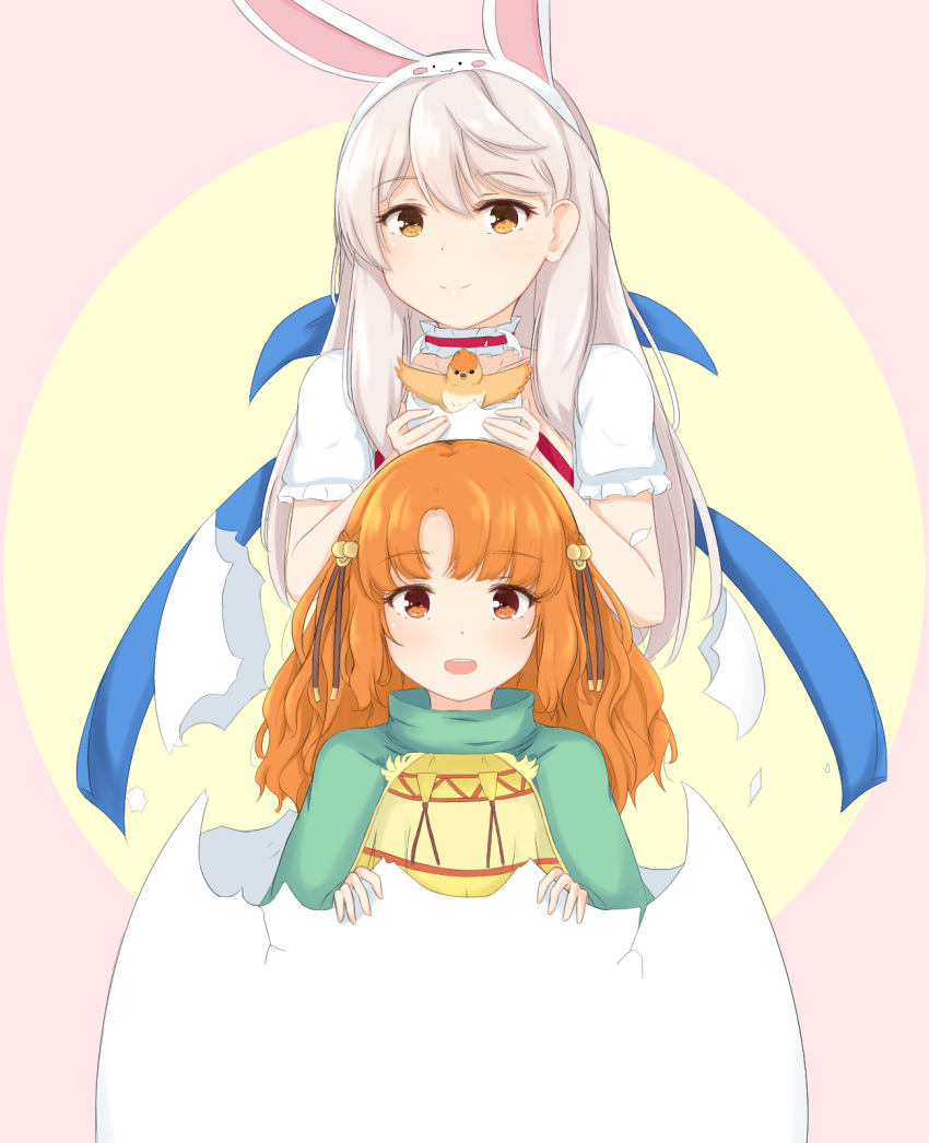 1girl, 2girls, :3, :d, animal_ears, animal_hood, bangle, bird