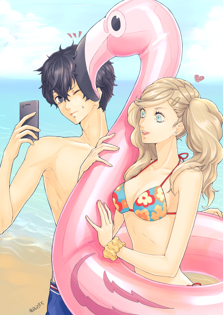 1boy, 1girl, :d, amamiya_ren, atlus, bangs, beach, bikini, black_hair, blonde_hair, blue_bikini, blue_eyes, blue_sky, cellphone, clouds, collarbone, day, earrings, flamingo, floral_print, hair_ornament, hair_scrunchie, hairclip, halterneck, heart, hitoki_(kokusei1977), holding, holding_phone, innertube, jewelry, long_hair, love, male_swimwear, megami_tensei, nintendo, ocean, one_eye_closed, open_mouth, outdoors, parted_bangs, persona, persona_5, phone, print_bikini_top, red_ribbon, ribbon, scrunchie, sky, smartphone, smile, summer, swim_trunks, swimsuit, swimwear, takamaki_anne, twintails, twitter_username, yellow_scrunchie