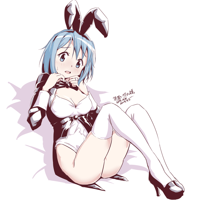 1girl, animal_ears, blue_eyes, blue_hair, blush, bow, bowtie, breasts