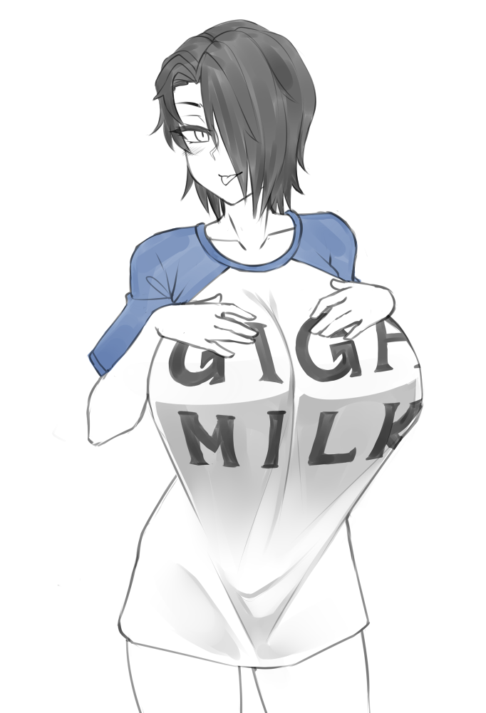 1girl, :p, black_hair, breasts, cleavage, clothes_writing, collarbone, commentary