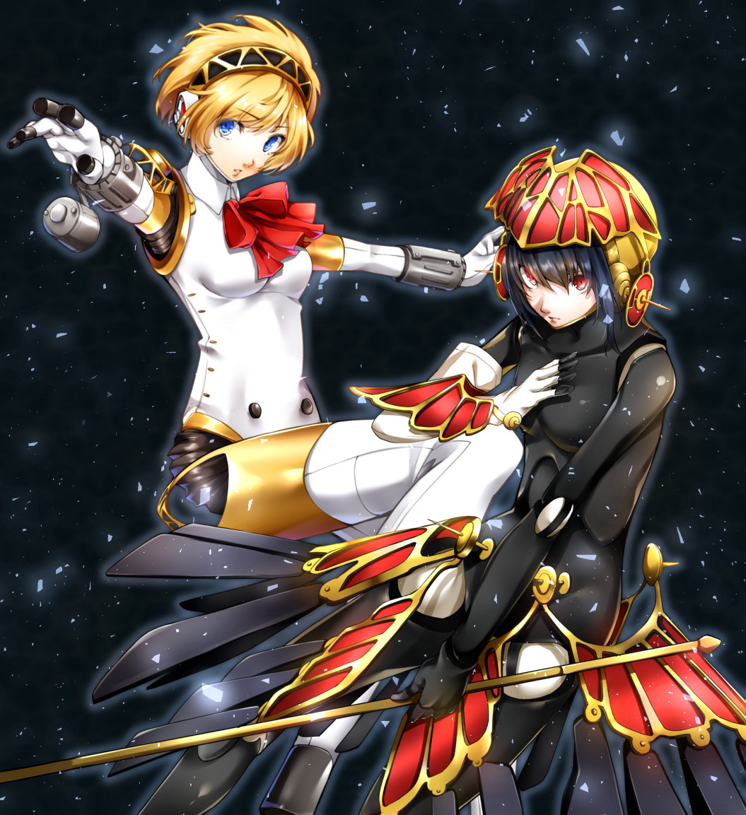 2girls, aegis_(persona), android, atlus, black_background, blonde_hair, blue_eyes, blue_hair, eyebrows_visible_through_hair, holding, holding_weapon, humanoid_robot, imo_(evekelu-111), looking_at_viewer, megami_tensei, metis, multiple_girls, outstretched_arms, parted_lips, persona, persona_3, red_eyes, robot, robot_girl, short_hair, siblings, sisters, weapon