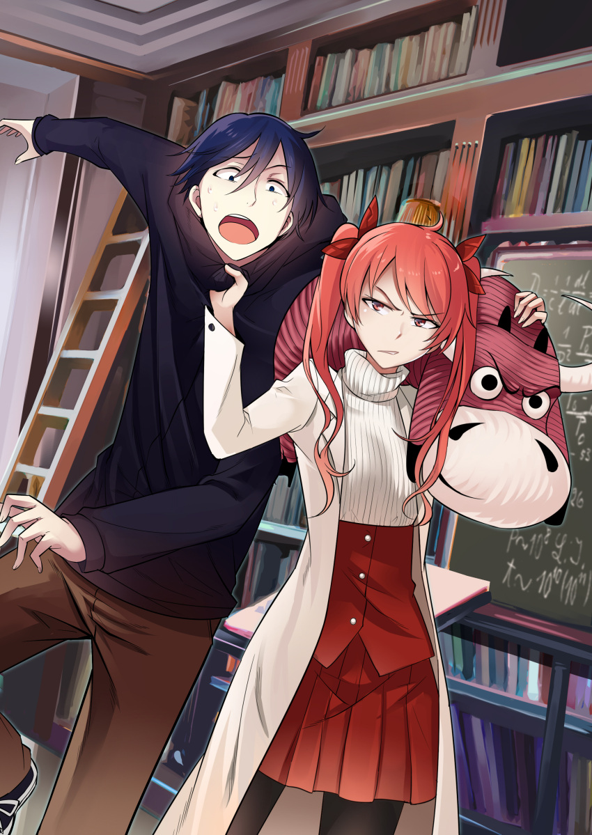 1boy, 1girl, absurdres, angry, black_hair, blue_eyes, clothes_grab, commentary, commentary_request, hair_between_eyes, hair_ribbon, highres, hirakuneko, honkai_(series), honkai_impact_3, jacket, jacket_grab, long_hair, nikola_tesla_(honkai_impact), open_mouth, red_eyes, redhead, ribbon, skirt, stuffed_toy, sweat, toy, twintails, welt_joyce