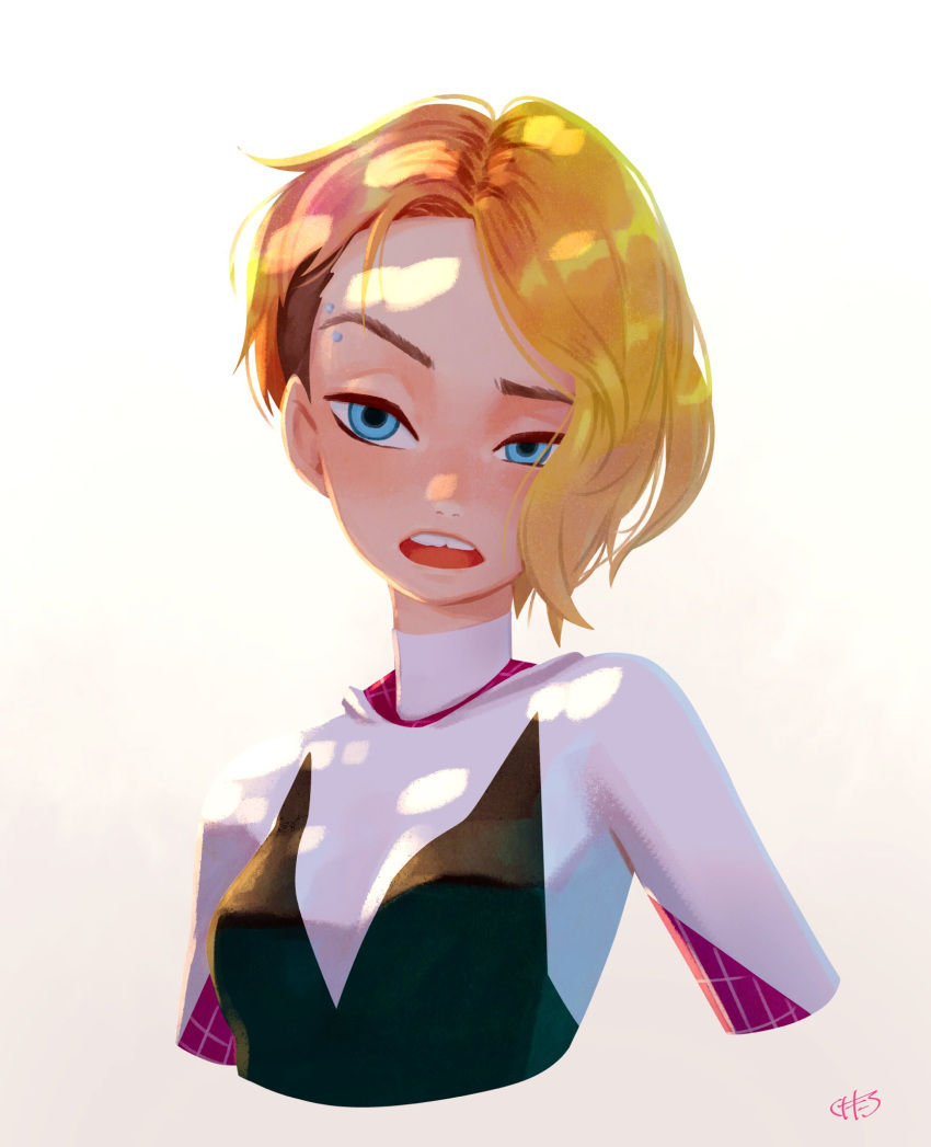 1girl, blonde_hair, blue_eyes, bodysuit, eyebrow_piercing, gwen_stacy, highres, kunitarou-art, marvel, open_mouth, piercing, short_hair, solo, spider-gwen, spider-man:_into_the_spider-verse, spider-man_(series), spider_web_print, superhero, teeth