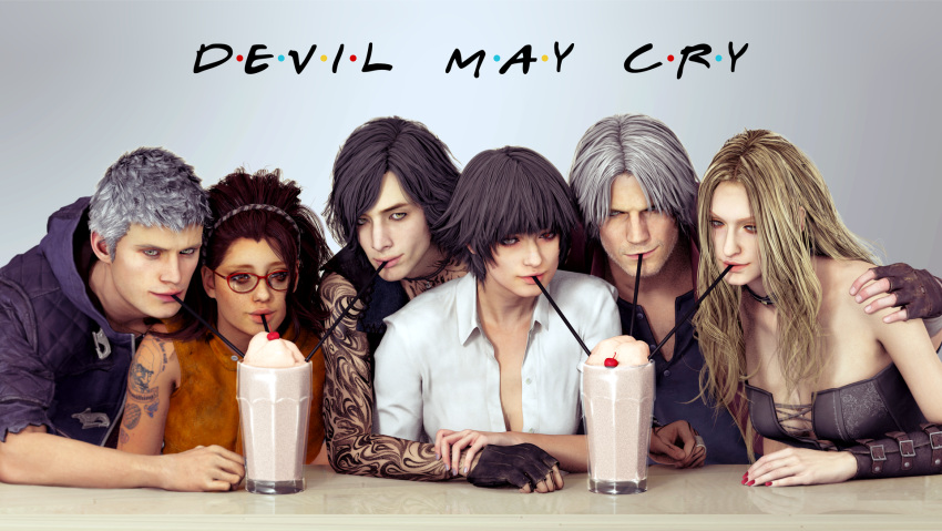 black_hair, blonde_hair, breasts, cherry, cleavage, cyan-th, dante_(devil_may_cry), devil_may_cry, devil_may_cry_5, drinking, drinking_straw, f.r.i.e.n.d.s, food, fruit, glasses, highres, lady_(devil_may_cry), milkshake, nero_(devil_may_cry), nico_(devil_may_cry), parody, sipping, tagme, tattoo, trish_(devil_may_cry), v_(devil_may_cry), white_hair
