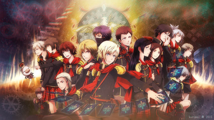 6+boys, 6+girls, ace_(fft-0), akademeia_uniform, bangs, black_hair, blonde_hair, blue_eyes