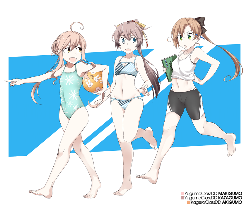 3girls, akigumo_(kantai_collection), aqua_swimsuit, bike_shorts, bikini, black_ribbon, blue_background, border