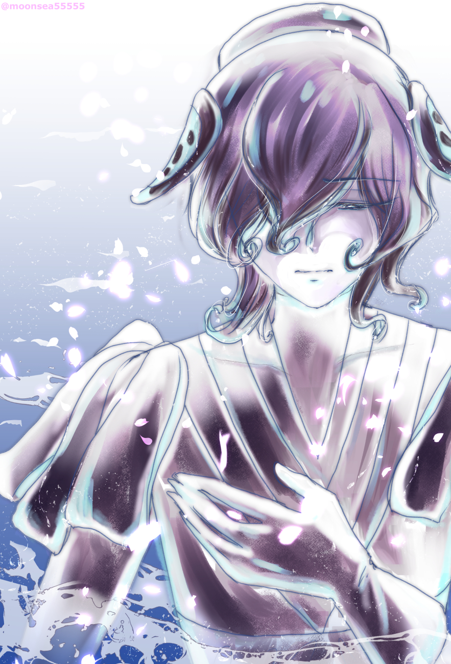 1boy, aculeatus, black_hair, closed_eyes, curly_hair, eyebrows_visible_through_hair, hair_over_one_eye, hand_on_own_chest