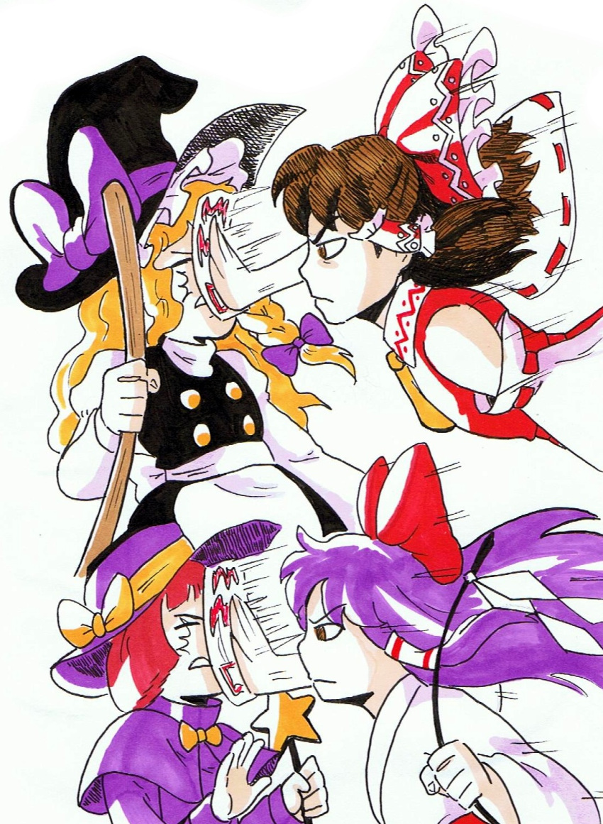 2girls, angry, apron, armpits, ascot, bangs, black_dress, black_hair